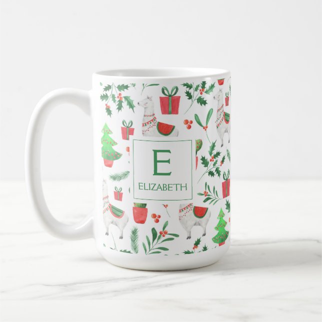 Jul Llamas, Cactus, Berries, Träd Monogram Kaffemugg (Vänster)