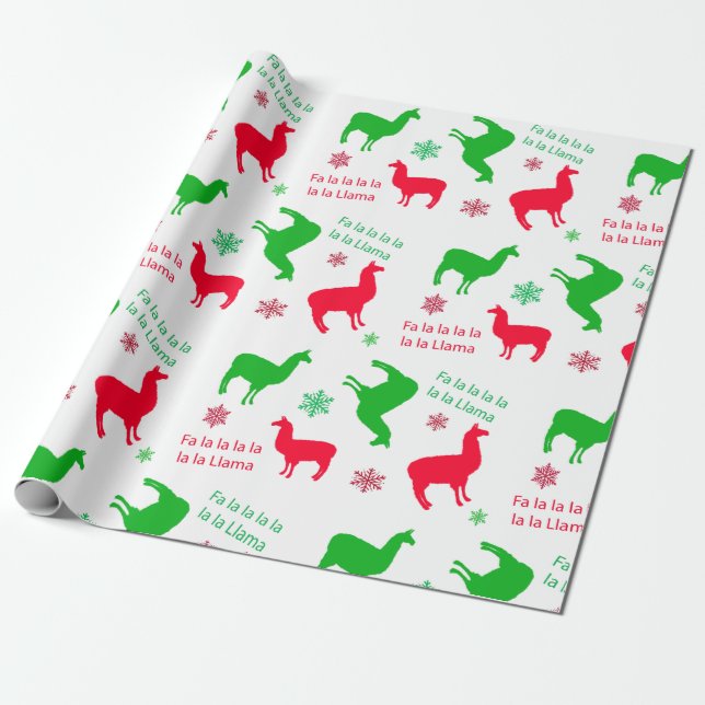 Jul Llamas och Snöflingor Red och Grönt Presentpapper (Utrullad)