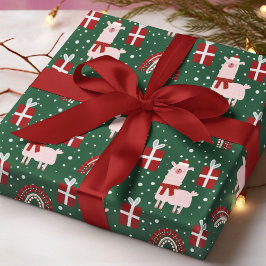 Jul Llamas Rainbows Festive Red Grönt Presentpapper