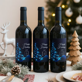 Jul logotyp svart blå modern julgran vinflaska etikett