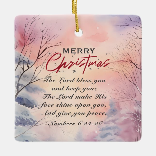 Jul Lord Bless You Bible Verse Winter Scene Julgransprydnad Keramik (Framsida)