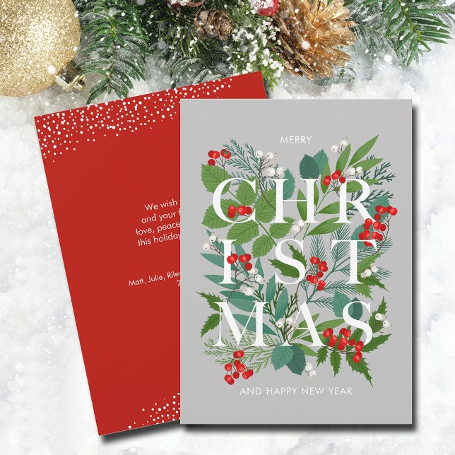Jul-Löv och Berries Julkort (CHRISTMAS typography leaves and berries flat holiday cards - PRINTED and/or INSTANT DOWNLOAD)