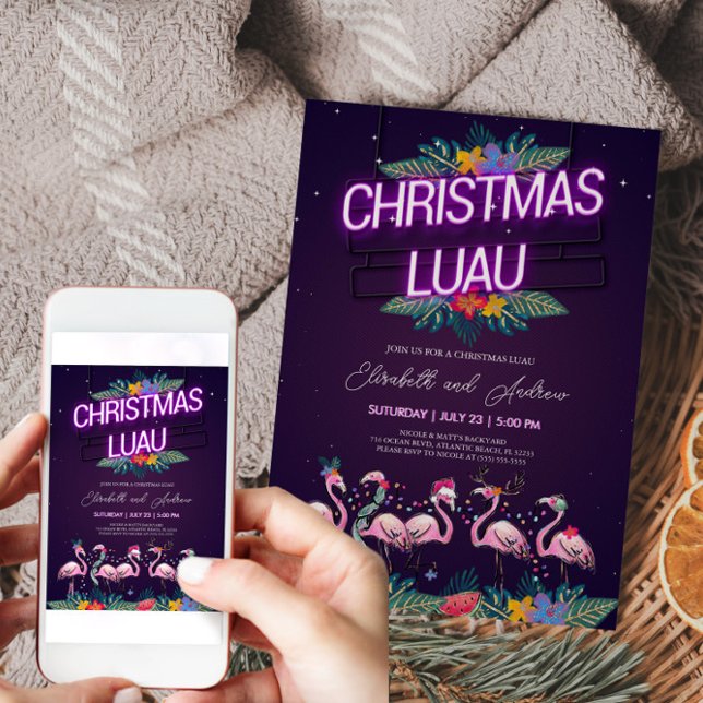 Jul Luau Neon Flamingo-inbjudningskort Inbjudningar (Christmas Luau Neon Flamingo Invitation)