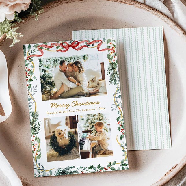 Jul Lush Winter Greenery & Red Bow 3 Photo Julkort (Skapare uppladdad)