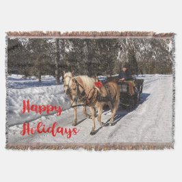 Jul Lycklig Helgdag Land Horses Sled Rustic Filt