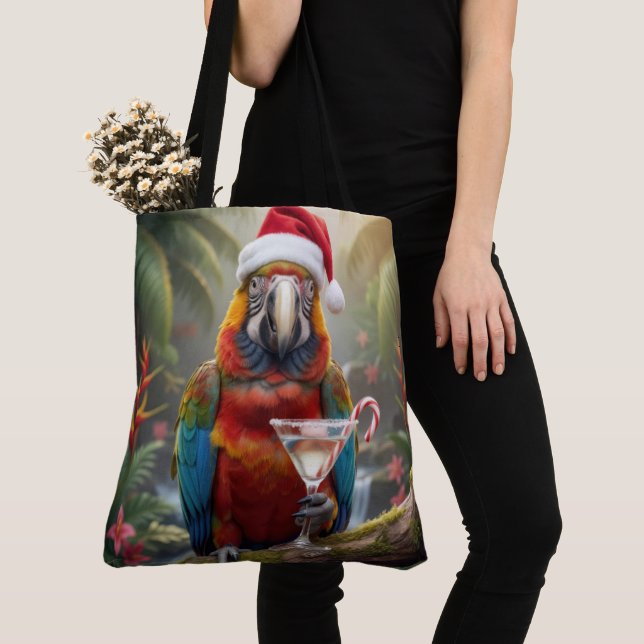 Jul Macaw Papegoja Med Martini Cocktail Tygkasse (Närbild)