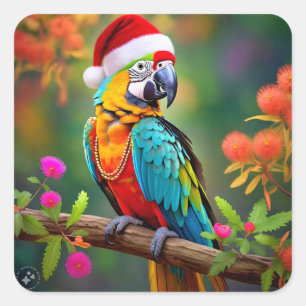 Jul Macaw Wearing A Santa Hat-56485 Fyrkantigt Klistermärke