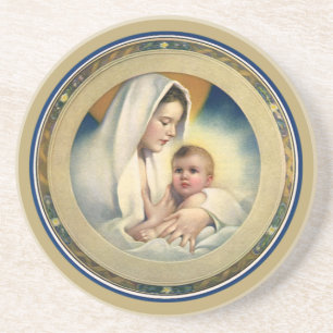Jul, Madonna och barn för vintage religiös Underlägg Sandsten