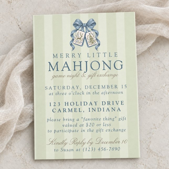 Jul Mahjong Presentutbytesfest med Blå Slinga Inbjudningar (Blue Bow Christmas Mahjong Gift Exchange Invitation)