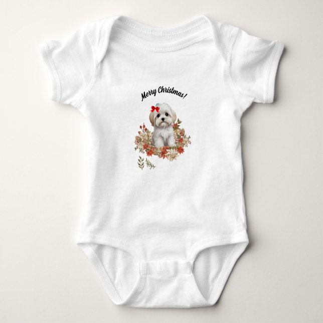 Jul - Maltesiska Puppy Hund - Julblommor T Shirt (Framsida)