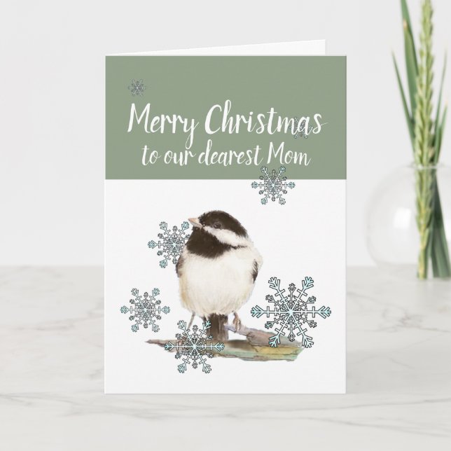 Jul Mamma från oss Snö Cute Chickadee Bird Helgkort (Framsida)