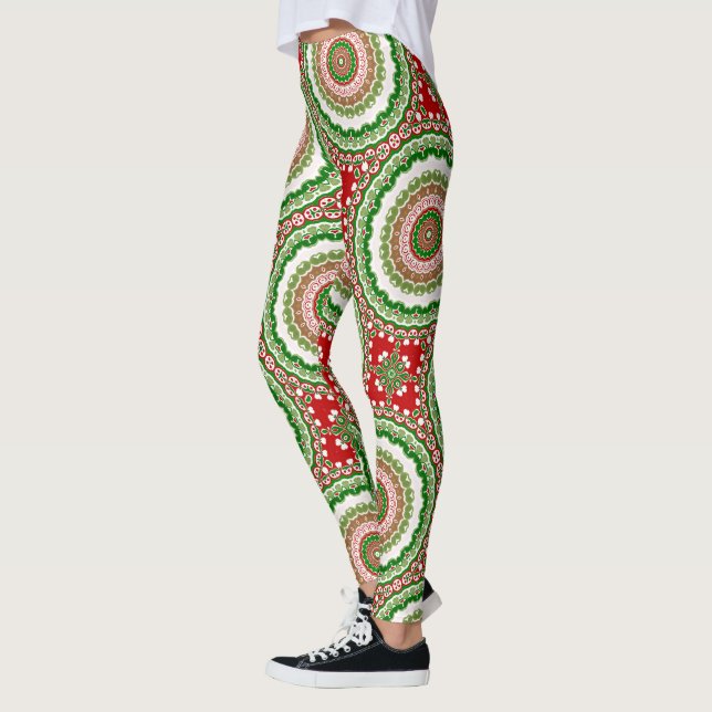 Jul Mandala i Red, Grönt och Warm Guld Leggings (Vänster)