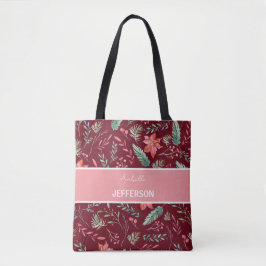 Jul Maroon Red Grönt Flowers Monogram Tygkasse