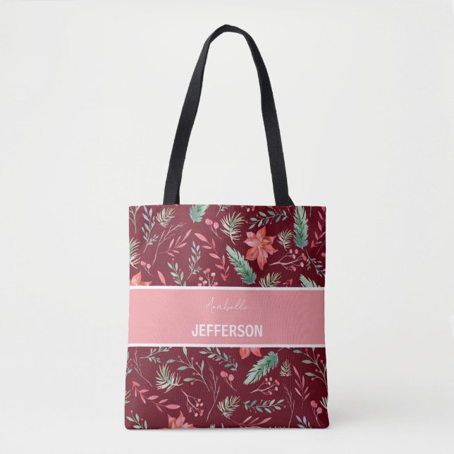 Jul Maroon Red Grönt Flowers Monogram Tygkasse (Framsida)