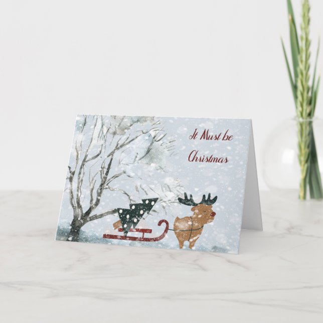 Jul med älg som drar julgran kort (Framsida)