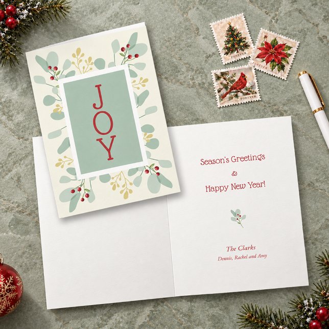 Jul med blad och bär helgkort (Leaves and Berries JOY  Christmas Holiday Cards, PRINTED and/or INSTANT DOWNLOAD)