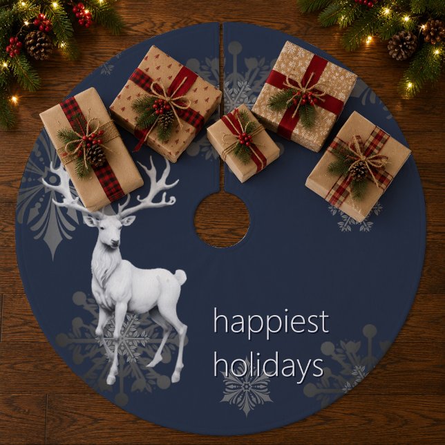 Jul med elfenbensfärgade renar | Blå jul Julgransmatta Fleece (Ivory Reindeer Christmas Blue Christmas Tree Skirt)
