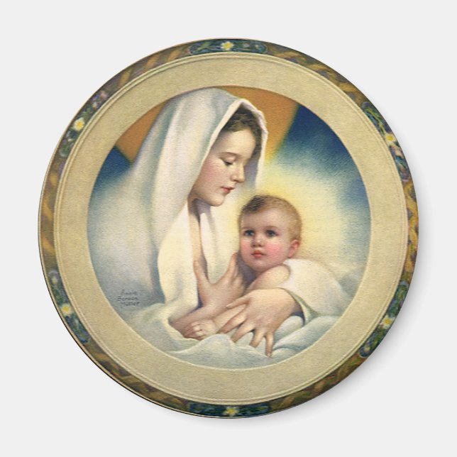 Jul med gammaldags religiös prägel, Madonna och ba Magnet (Framsidan)