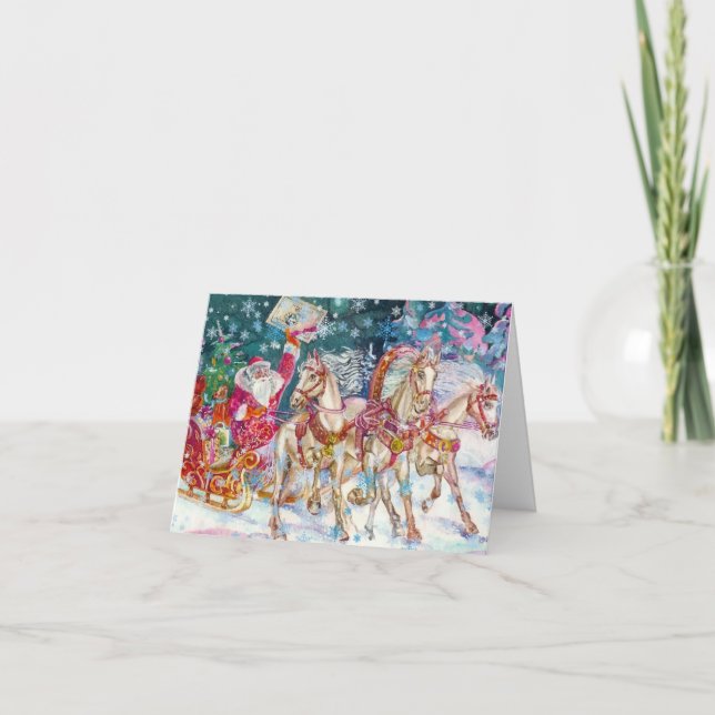 Jul med jultomte och hästar helgkort (Framsida)
