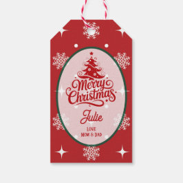 Jul med scharlakansröda snöflingor presentetikett