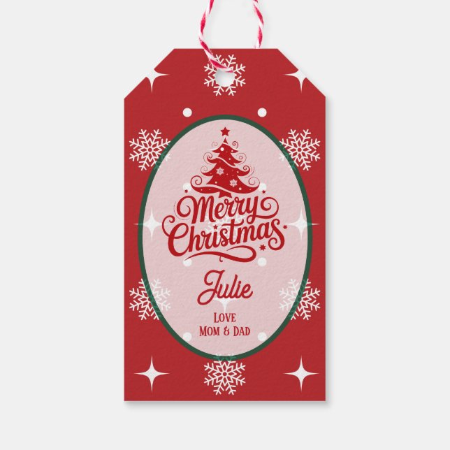 Jul med scharlakansröda snöflingor presentetikett (Baksidan)