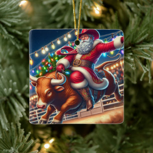 Jul med Tomte som rider en Rodeo-tjur Julgransprydnad Keramik