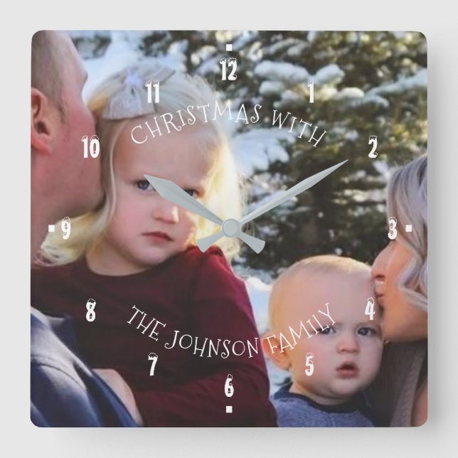 Jul med valfri foto i Namn Fyrkantig Klocka (Framsida)