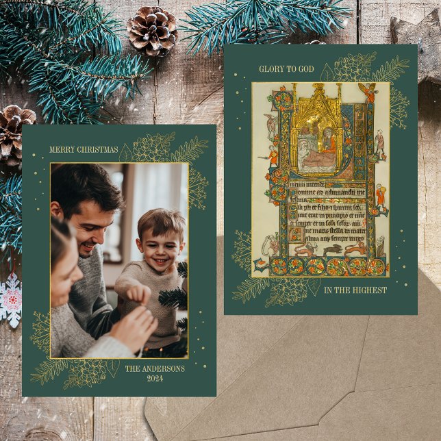 Jul Medieval Christian Catholique Guld Photo Julkort (Christmas Medieval Manuscript Christian Catholic Nativity Scene Gold Family Photo Holiday Card)