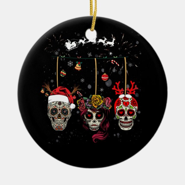 Jul, mexikanskt blomsocker Skull i Snö Julafton Julgransprydnad Keramik (Framsidan)