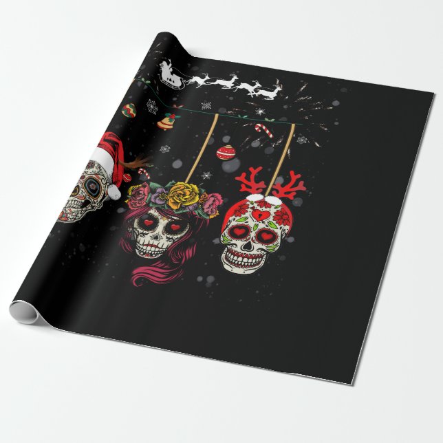 Jul, mexikanskt blomsocker Skull i Snö Julafton Presentpapper (Utrullad)