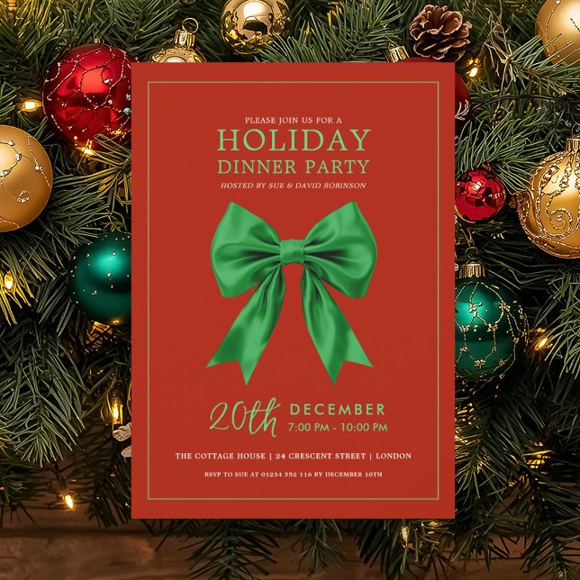 Jul middag fest grön satinbåge röd inbjudningar (Holiday Dinner Party Green Satin Bow Red Invitation)