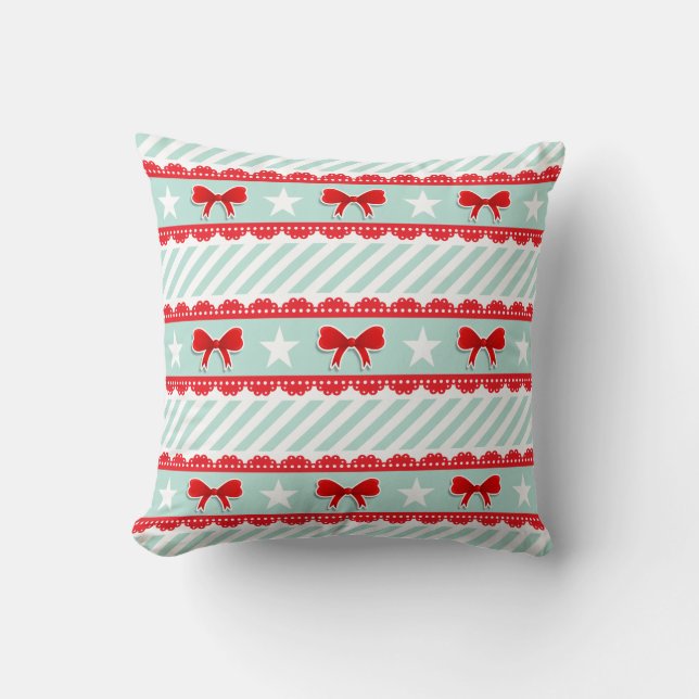 Jul Mint Rand Red Bows Stars Mönster Kudde (Framsida)