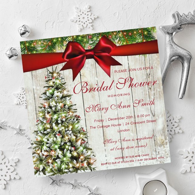 Jul Möhippa Träd, Ljus och Röda band Inbjudningar (Christmas Bridal Shower Tree, Lights & Red Ribbon Invitation)