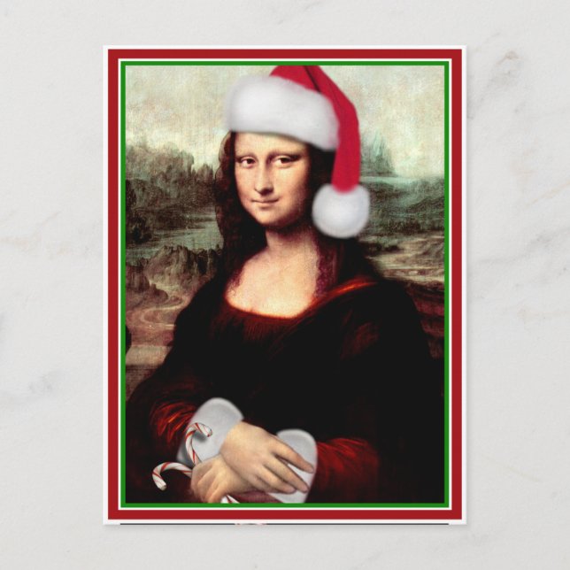 jul Mona Lisa med Santa Hat Helg Vykort (Framsida)