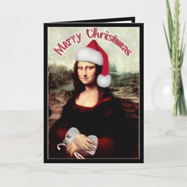 jul Mona Lisa med Santa Hat Helgkort (Framsida)