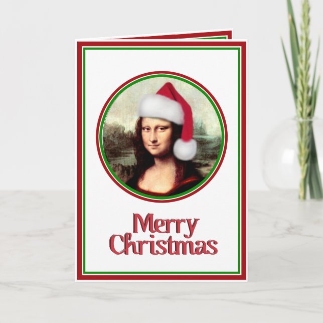 jul Mona Lisa med Santa Hat Helgkort (Framsida)