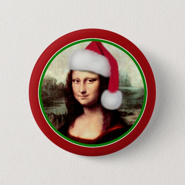 jul Mona Lisa med Santa Hat Knapp (Framsida)