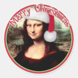 jul Mona Lisa med Santa Hat Runt Klistermärke
