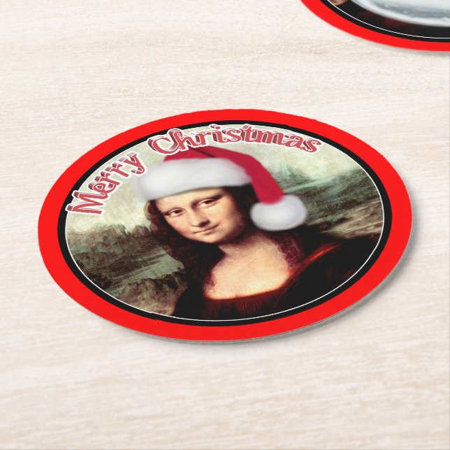 jul Mona Lisa med Santa Hat Underlägg Papper Rund (Vinklad)