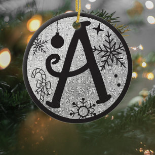 Jul Monogram Brev A Black Silver Glitter Julgransprydnad Keramik