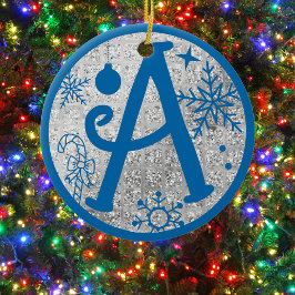 Jul Monogram Brev A Blue Silver Glitter Julgransprydnad Keramik
