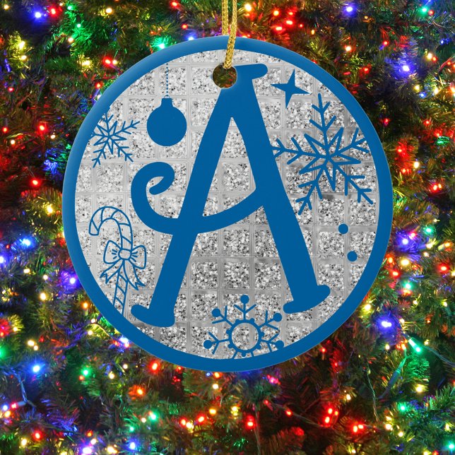 Jul Monogram Brev A Blue Silver Glitter Julgransprydnad Keramik (Skapare uppladdad)