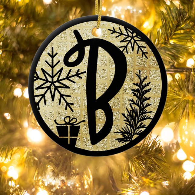 Jul Monogram Brev B Black Guld Glitter Julgransprydnad Keramik (Skapare uppladdad)