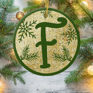 Jul Monogram Brev F Grönt Guld Glitter Julgransprydnad Keramik