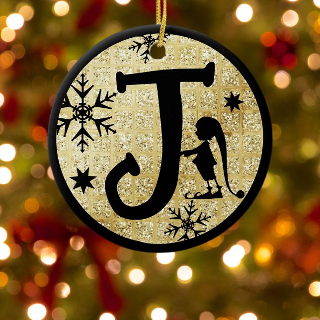 Jul Monogram Brev J Black Guld Glitter Julgransprydnad Keramik (Skapare uppladdad)