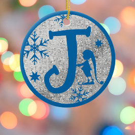 Jul Monogram Brev J Blue Silver Glitter Julgransprydnad Keramik