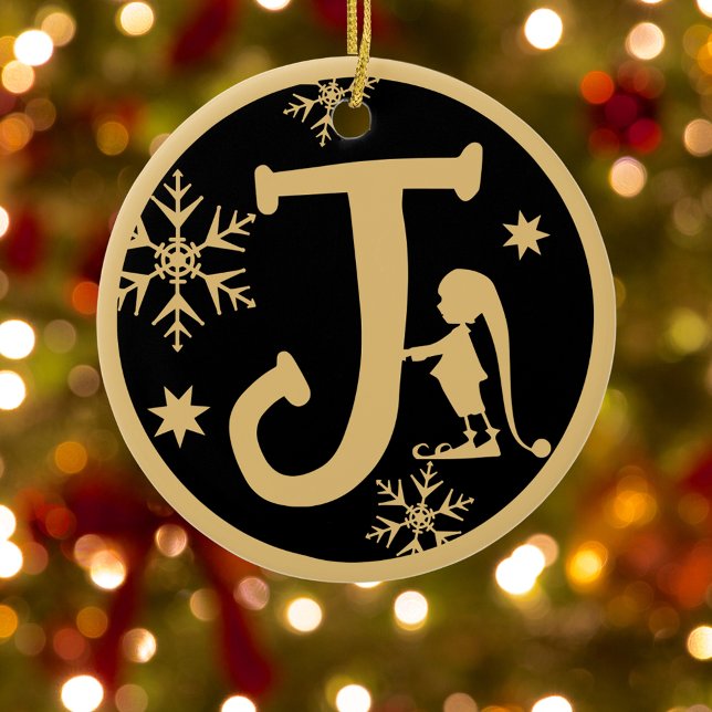 Jul Monogram Brev J Guld Black Julgransprydnad Keramik (Skapare uppladdad)