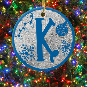 Jul Monogram Brev K Blå Silver Glitter Julgransprydnad Keramik