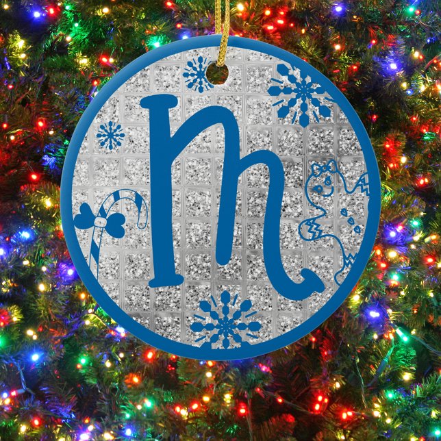 Jul Monogram Brev M Blue Silver Glitter Julgransprydnad Keramik (Skapare uppladdad)