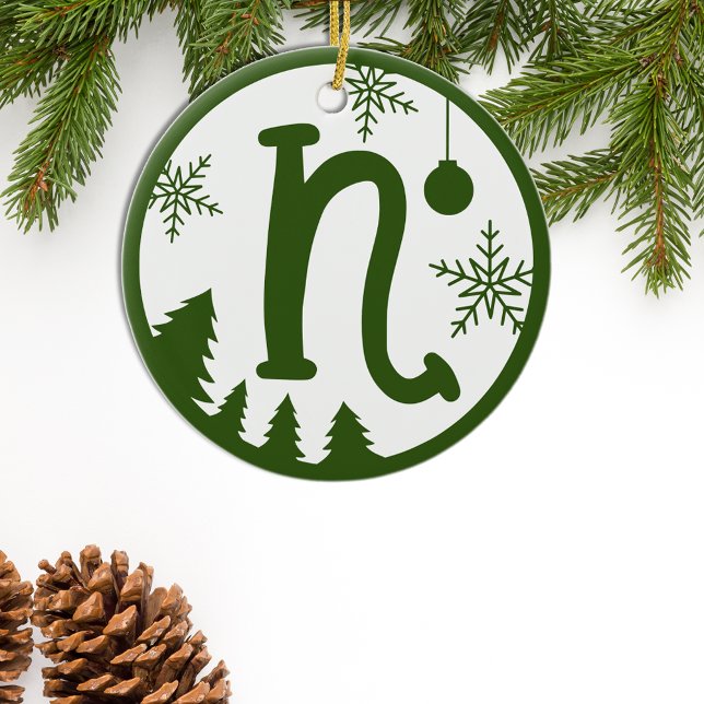Jul Monogram Brev N Grönt White Julgransprydnad Keramik (Skapare uppladdad)